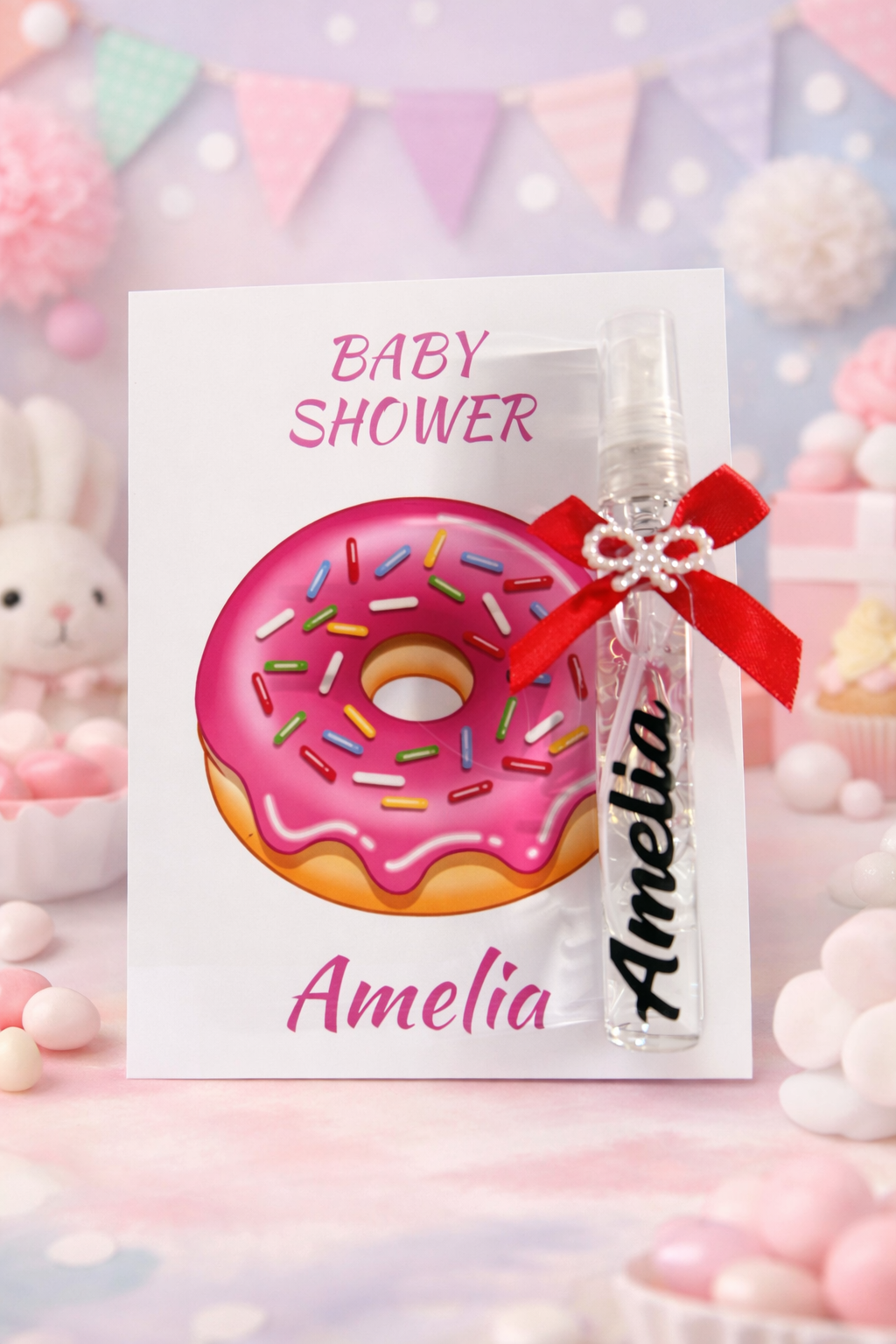 Personalized Donut Baby Shower Favors - Custom Sweet Treat Birthday Spray Bottle Gift