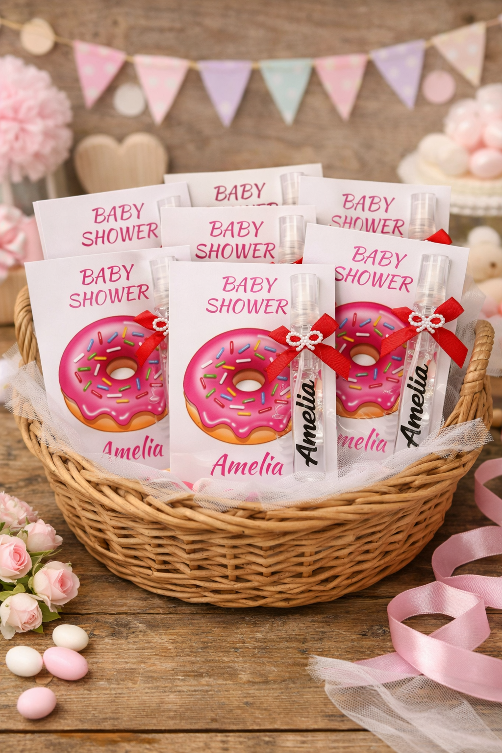 Personalized Donut Baby Shower Favors - Custom Sweet Treat Birthday Spray Bottle Gift