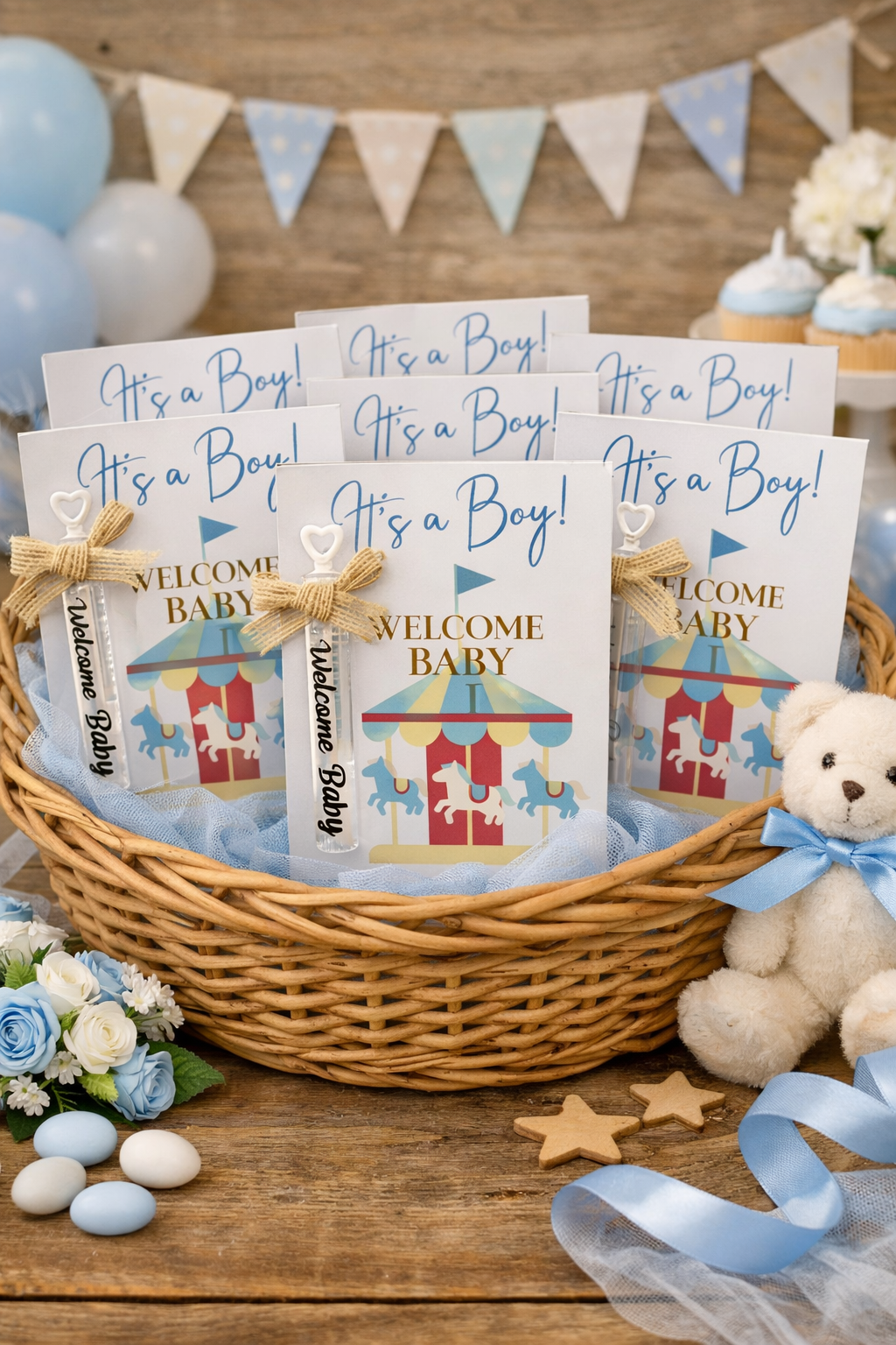 Personalized Carousel Boy Baby Shower Favors - Custom Bubble Wand & Cards