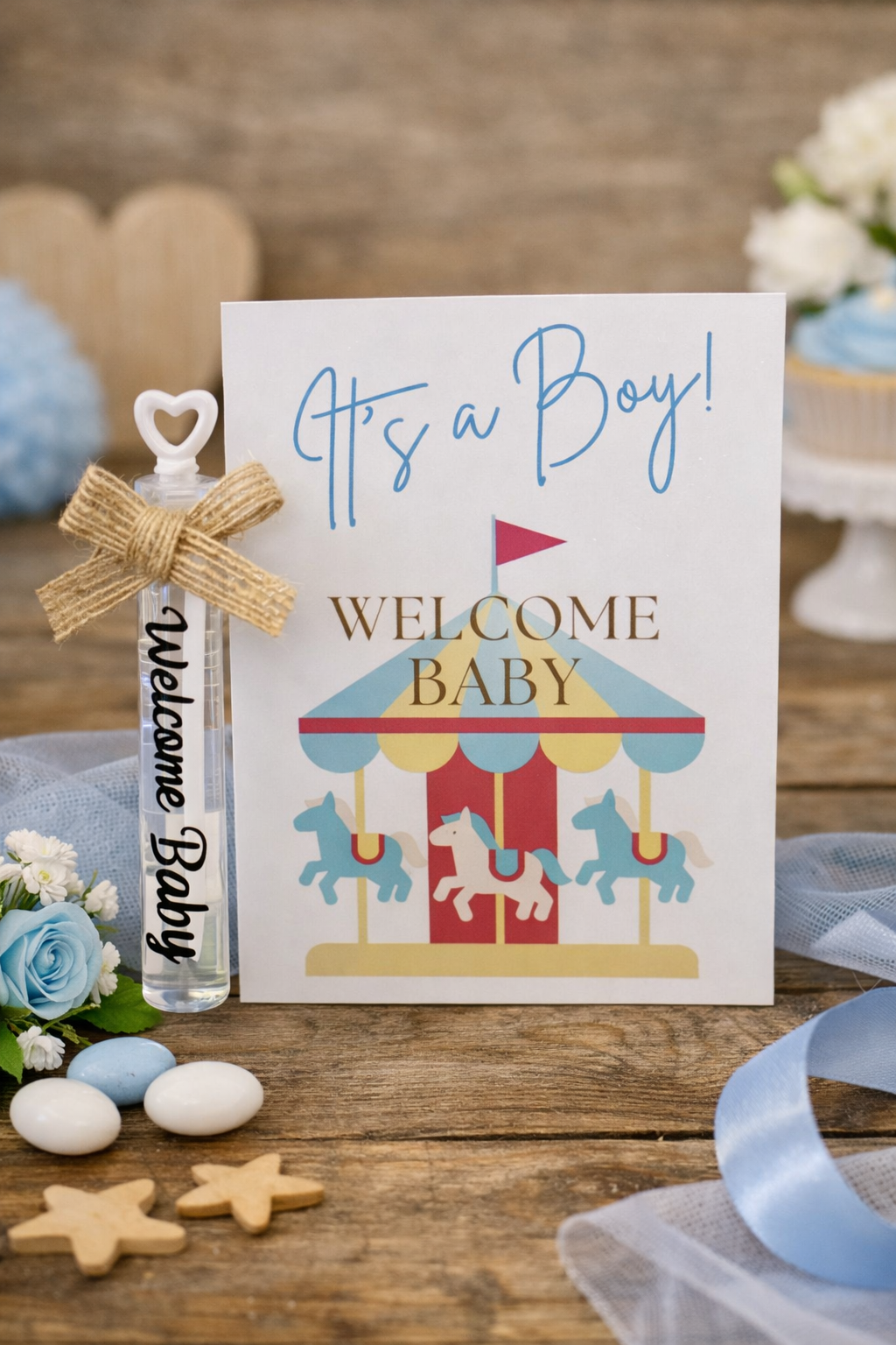 Personalized Carousel Boy Baby Shower Favors - Custom Bubble Wand & Cards