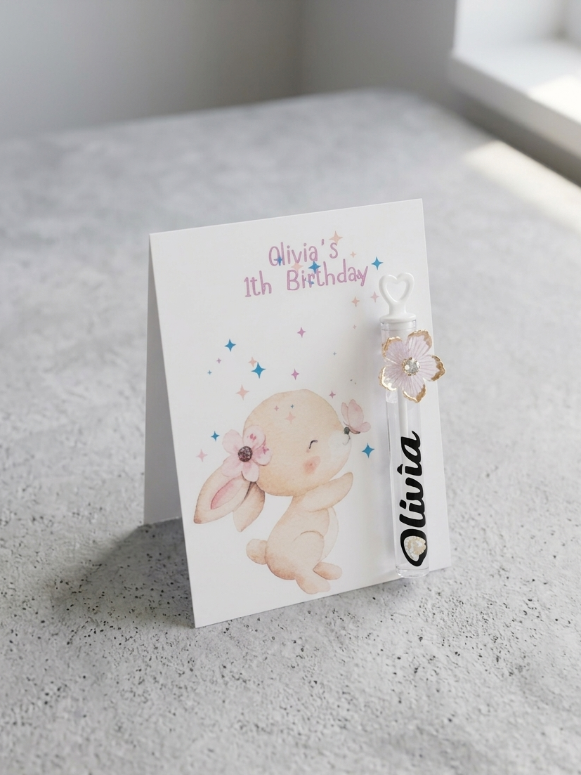 Personalized Bunny Birthday Party Favors - Custom Bubble Wand & Cards
