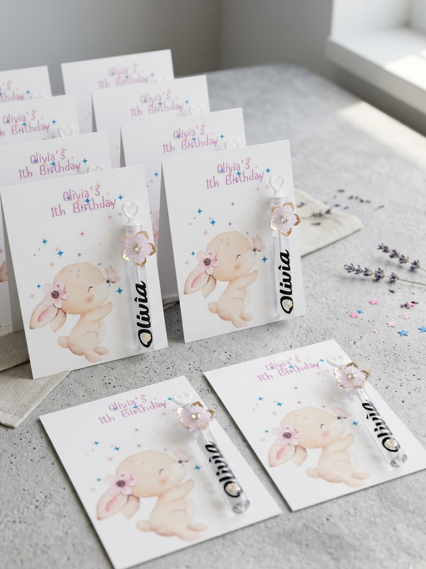 Personalized Bunny Birthday Party Favors - Custom Bubble Wand & Cards