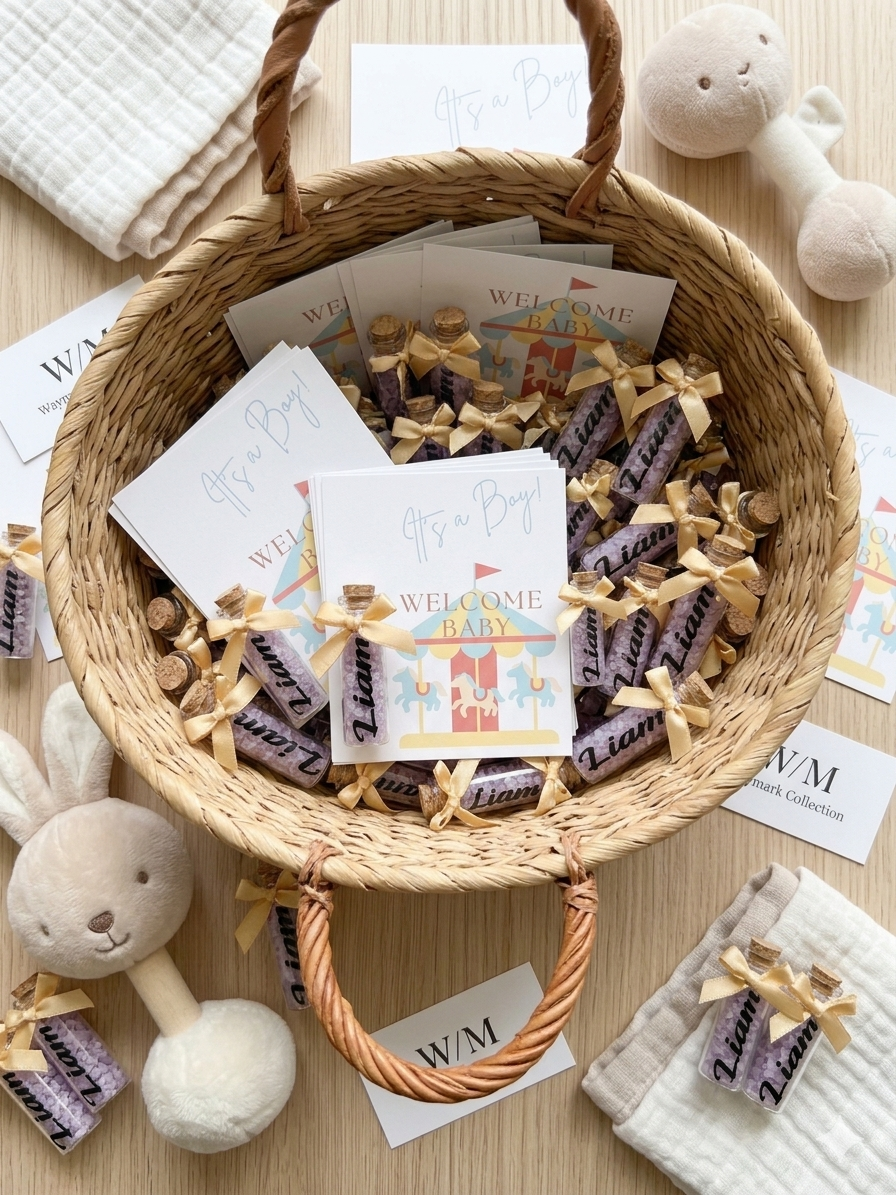 Personalized Baby Shower Favors for Boy | Custom Welcome Baby Miniature Bottle Gift | It's a Boy Lavender/Crystal Keepsake