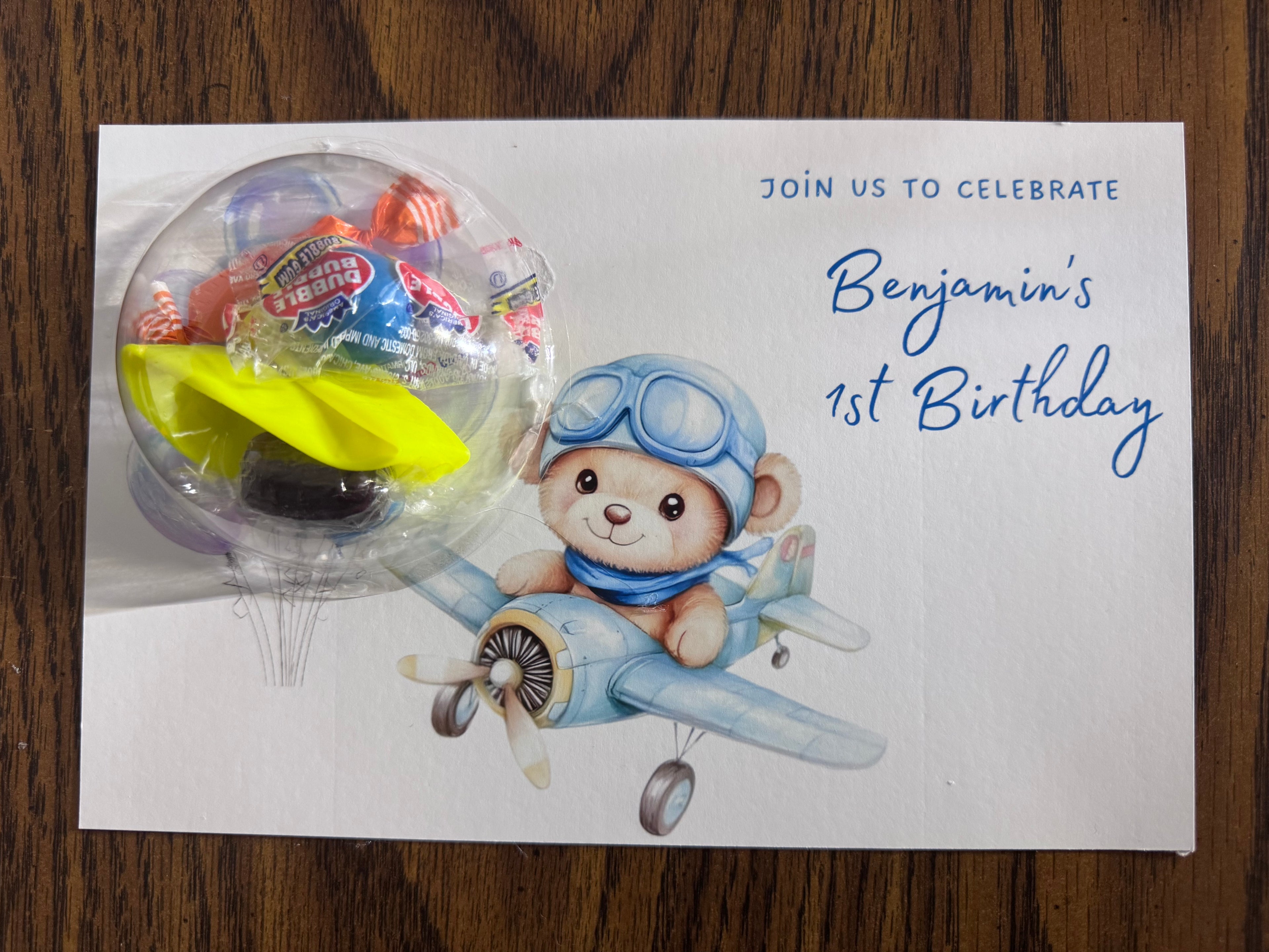 Personalized Airplane Baby Shower Favors - Custom Pilot Bear Birthday Invitation Gift Card