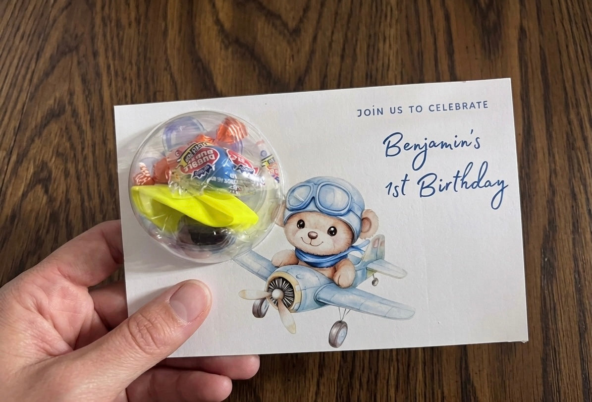 Personalized Airplane Baby Shower Favors - Custom Pilot Bear Birthday Invitation Gift Card