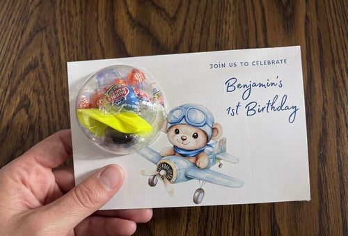 Personalized Airplane Baby Shower Favors - Custom Pilot Bear Birthday Invitation Gift Card