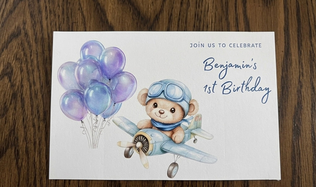 Personalized Airplane Baby Shower Favors - Custom Pilot Bear Birthday Invitation Gift Card