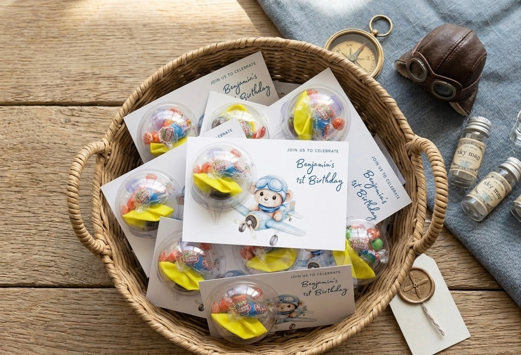 Personalized Airplane Baby Shower Favors - Custom Pilot Bear Birthday Invitation Gift Card
