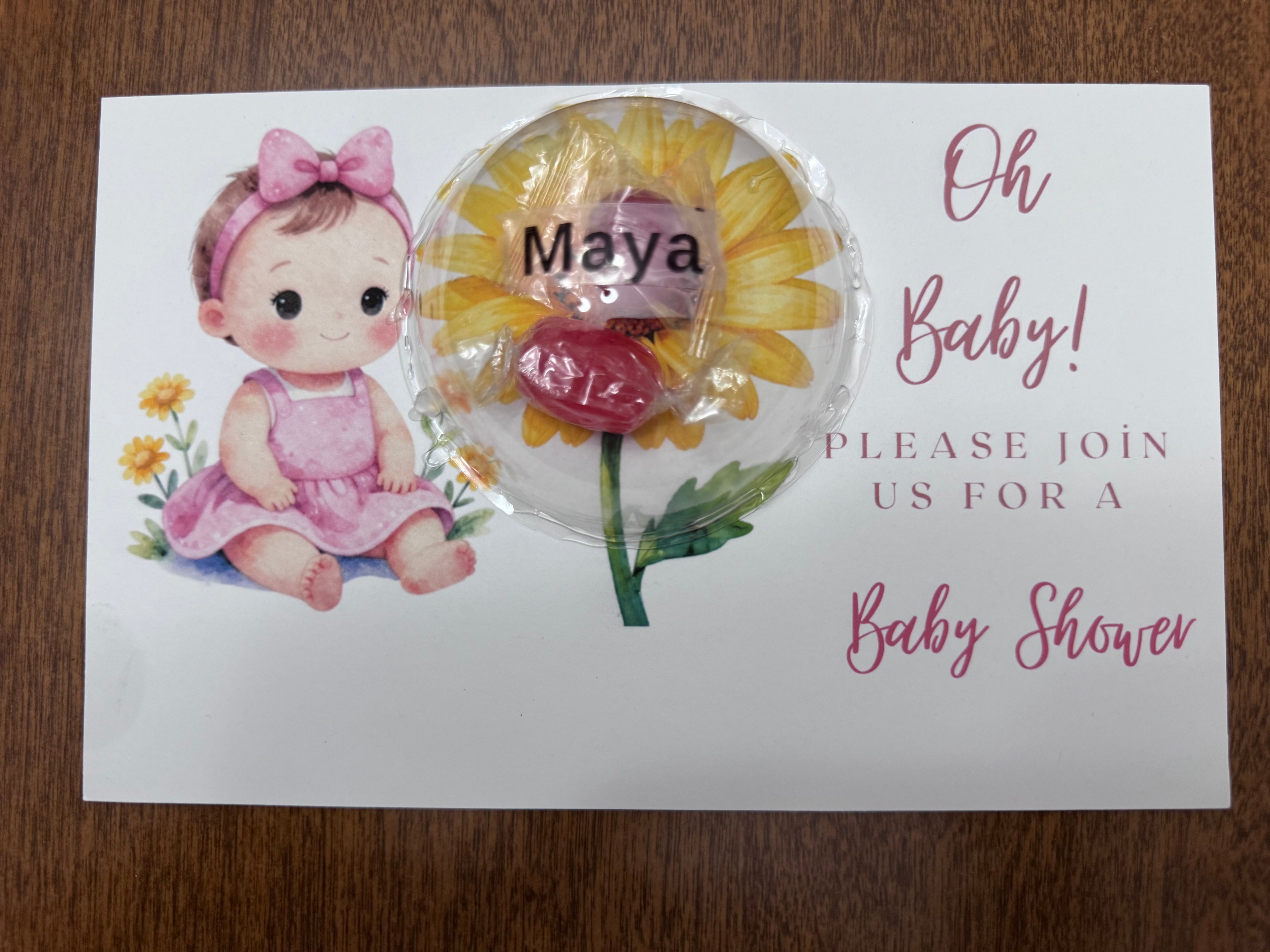 Personalized Sunflower Baby Shower Favors - Custom Lollipop Dome Invitation Gift Card