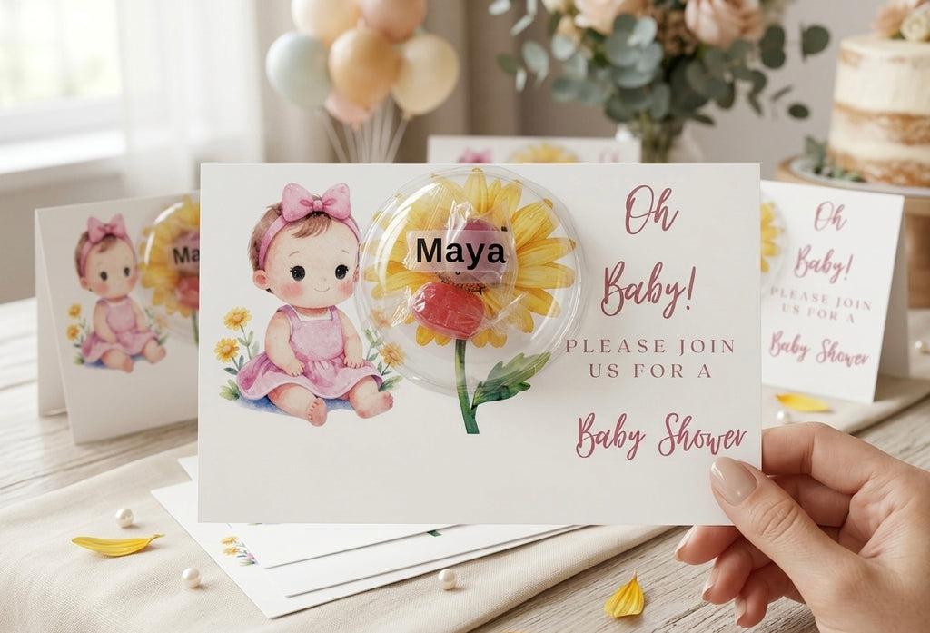 Personalized Sunflower Baby Shower Favors - Custom Lollipop Dome Invitation Gift Card