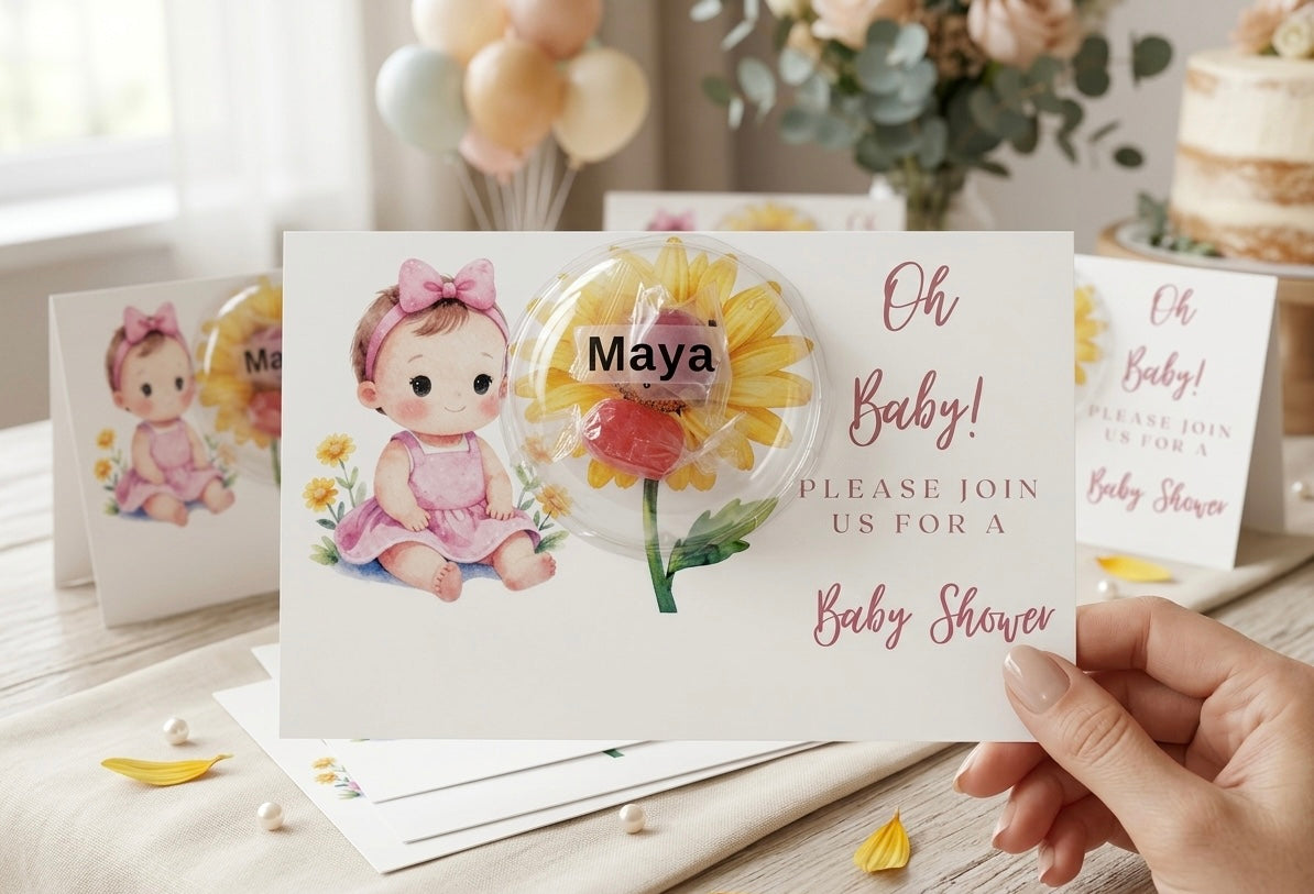 Personalized Sunflower Baby Shower Favors - Custom Lollipop Dome Invitation Gift Card