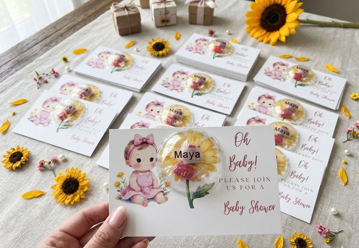 Personalized Sunflower Baby Shower Favors - Custom Lollipop Dome Invitation Gift Card