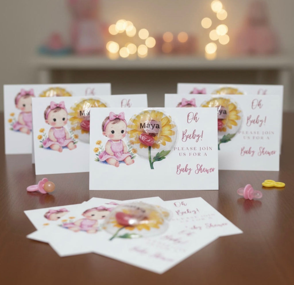 Personalized Sunflower Baby Shower Favors - Custom Lollipop Dome Invitation Gift Card