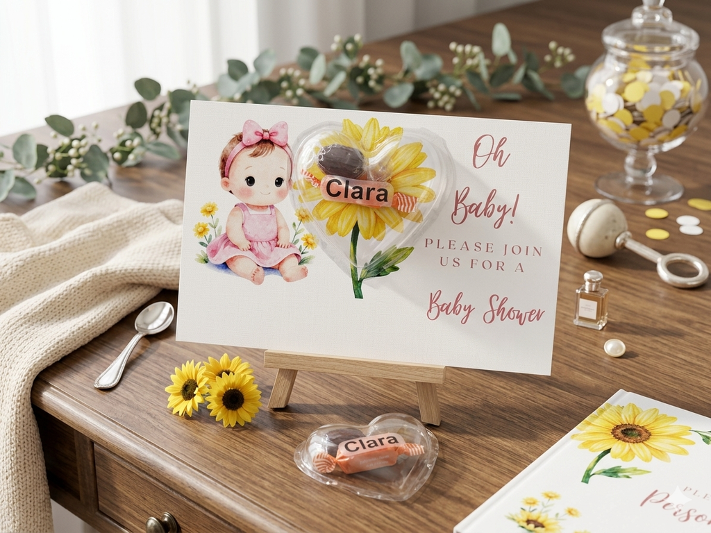 Personalized Sunflower Baby Shower Invitations - Custom Heart Candy Dome Favor Card