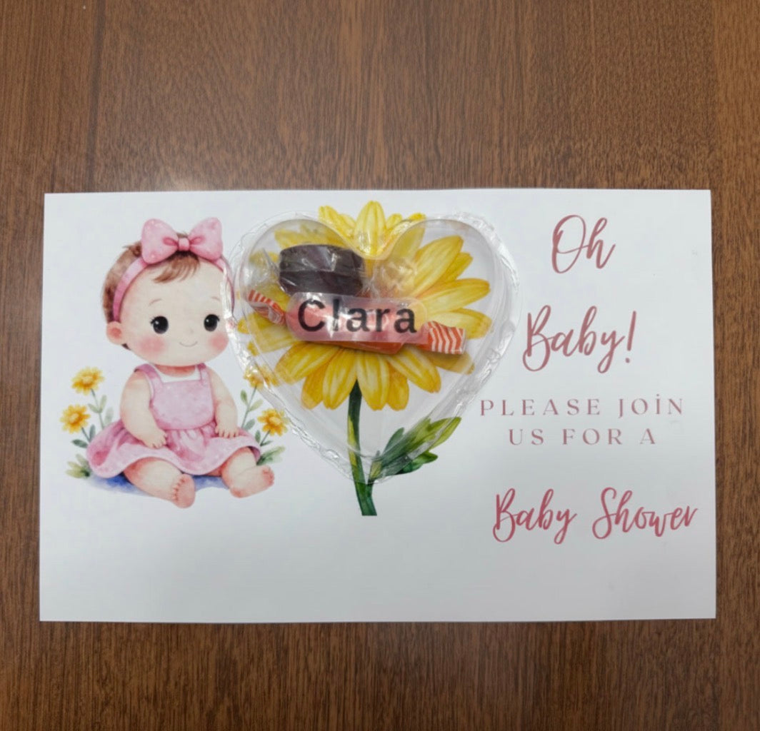 Personalized Sunflower Baby Shower Invitations - Custom Heart Candy Dome Favor Card