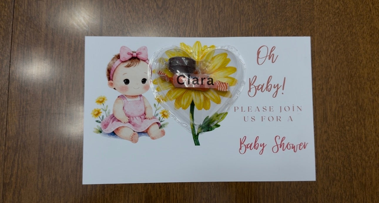 Personalized Sunflower Baby Shower Invitations - Custom Heart Candy Dome Favor Card