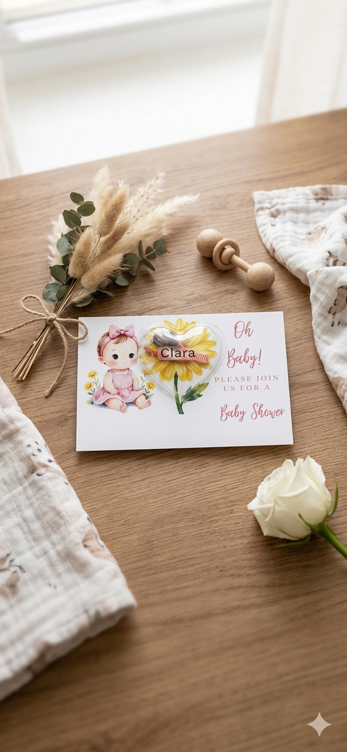 Personalized Sunflower Baby Shower Invitations - Custom Heart Candy Dome Favor Card