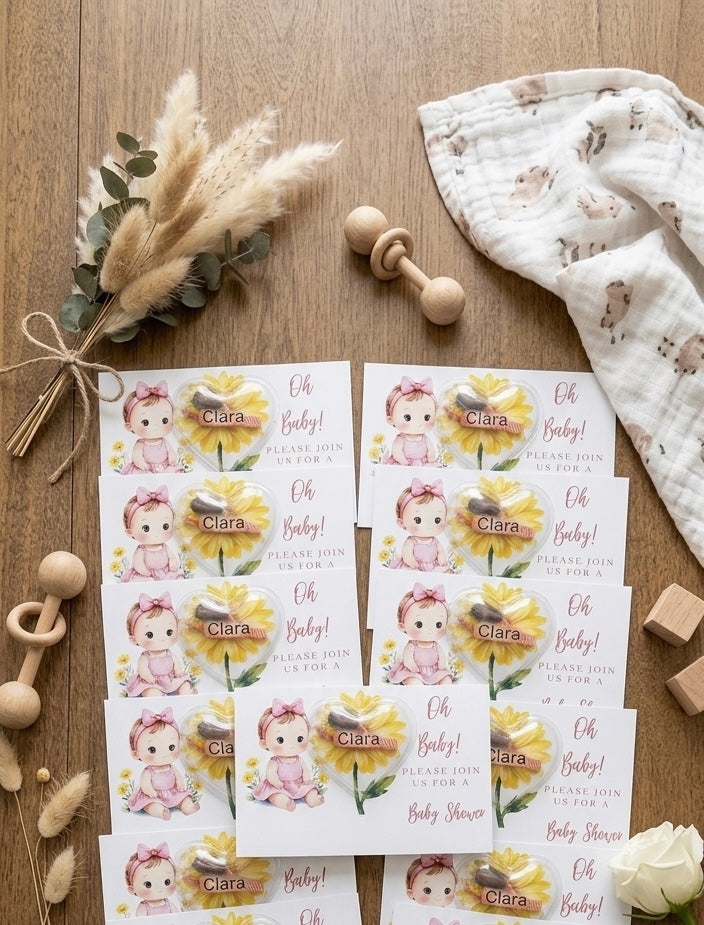 Personalized Sunflower Baby Shower Invitations - Custom Heart Candy Dome Favor Card