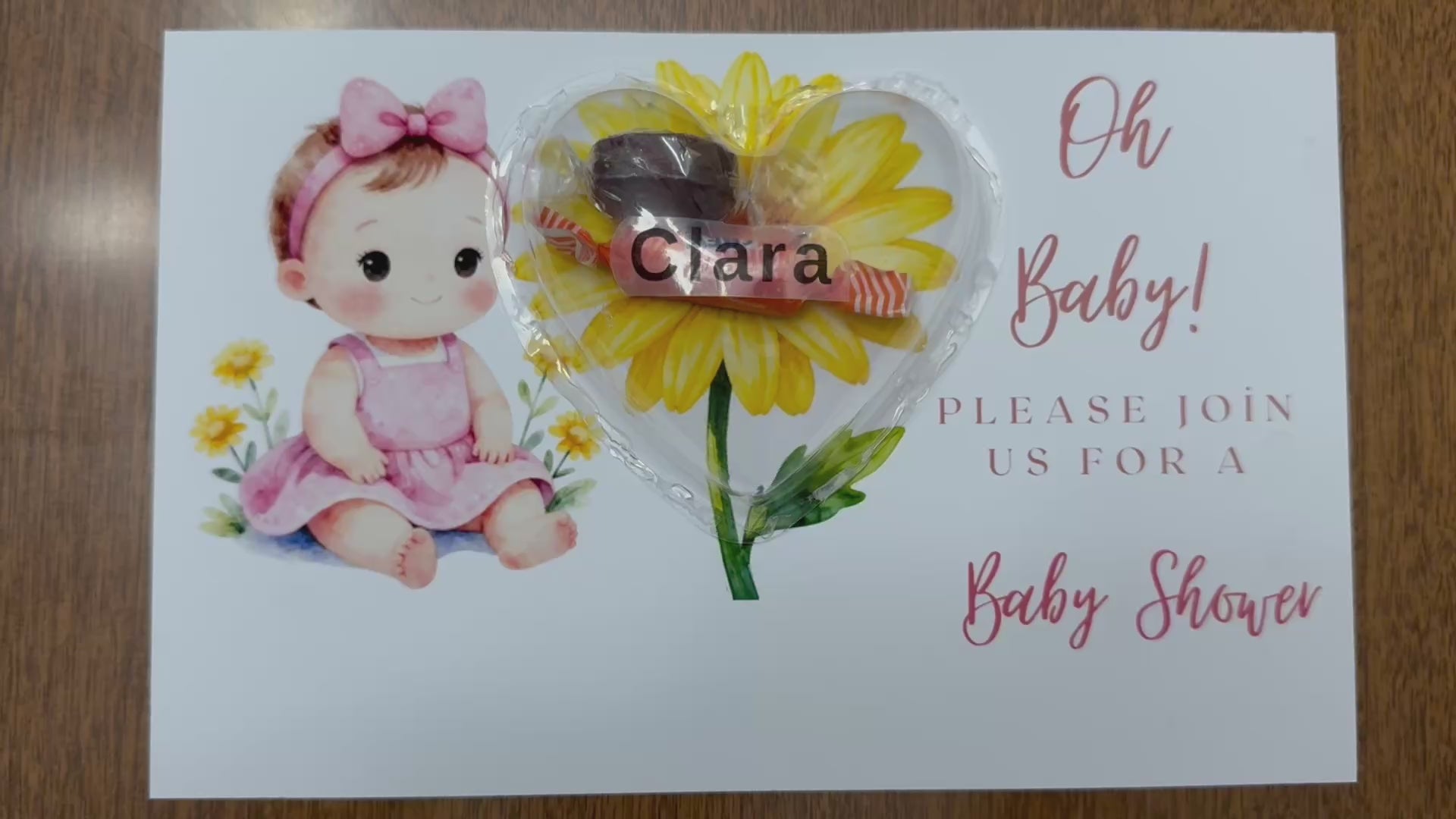 Personalized Sunflower Baby Shower Invitations - Custom Heart Candy Dome Favor Card