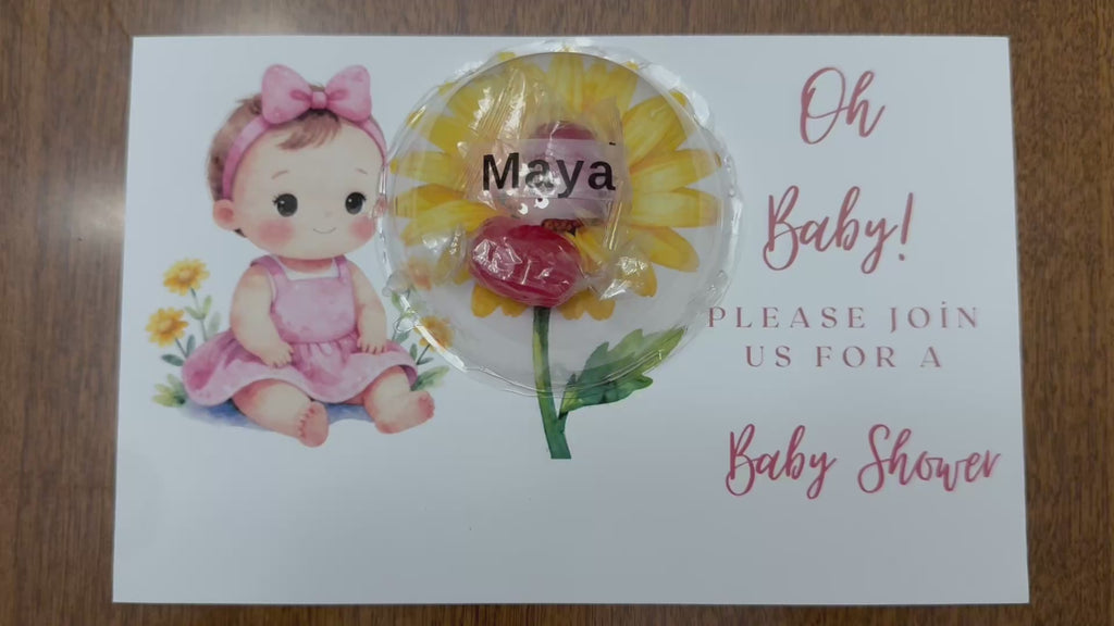 Personalized Sunflower Baby Shower Favors - Custom Lollipop Dome Invitation Gift Card